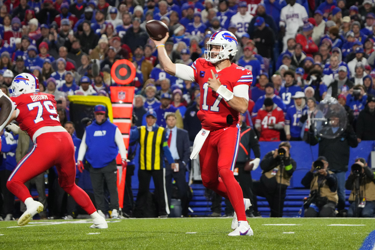 Buffalo Bills quarterback Josh Allen (17) throws the ball against the New York Giants during the first half at Highmark Stadium.